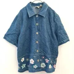 レトロポップ✨️ 花柄 刺繍 デニムシャツ シャツ 半袖 デニム レトロ 【M】