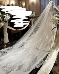 ホワイト レース装飾 ロングウェディングベール