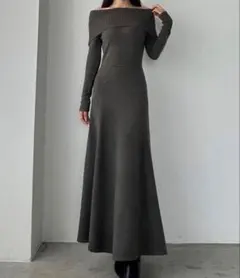 Louere オフショルダー ニットワンピースロングワンピース ダークグレー L