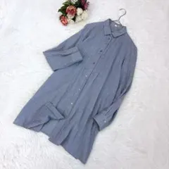 美品✨ヒューマンウーマン（M）ピンタック ロングシャツ ブルー系 コットン×毛のサムネイル