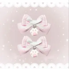 ピンク　肉球チャーム付きリボン　ヘアクリップ　ヘアゴムチェック　平成女児サブカル