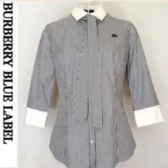 美品 バーバリーブルーレーベル シャツ ボウタイ ストライプ ブラウス ロゴ刺繍