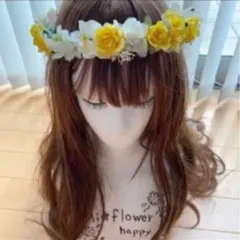 ヘッドドレス 花かんむり♡黄色 かすみ草 ダブルリボン小花付き
