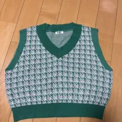 緑色ハウンドトゥースノースリーブニットベスト L
