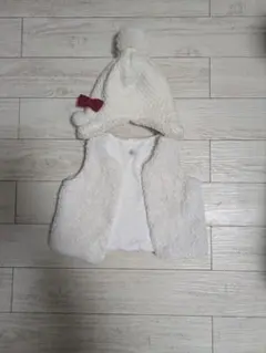 ホワイト フリース ベビーベスト 帽子付き