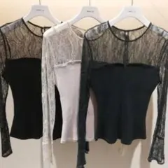 フレイアイディー　レースコンビリブニットプルオーバー　ホワイト