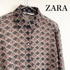 ザラ　花柄シアーシャツ　総柄　サイズXS 長袖　ブラウン系　シフォン