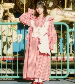 ②クティールとレトロ チェック柄ワンピース