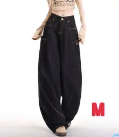 最終価格！y2K ワイドデニムパンツ バギー　ジーンズ 韓国ストリート系 M黒
