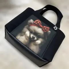 帆布使いトートバッグパネル=大きなりぼん<ポメラニアン>