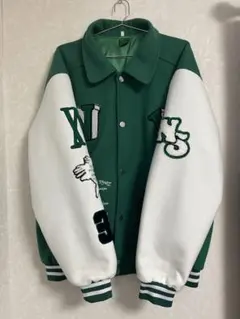 スタジャン 緑と白 刺繍入り メンズジャケット