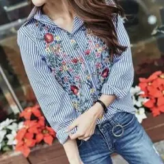 売切御免！ ZARA系 花柄 刺繍シャツ Lサイズ◆