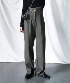 me+em select　太ベルトハイウエストウールライクカラータックスラックス