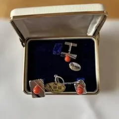 沖縄ネクタイピンメンズシルバー コーラル ネクタイピン カフスセット