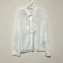 新品 VERO MODAフリルシャツ ブラウス シアー ホワイト スタンドカラー