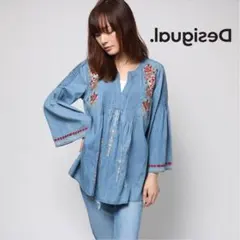 Desigual デニム チュニック シャツ 刺繍 ステッチ XS .