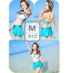 セットアップビキニ水着3点セット 青緑 Mサイズ 花シフォントップス