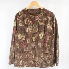 ノーカラー フラワー 花柄 総柄 ベロア キルティング ジャケット 古着