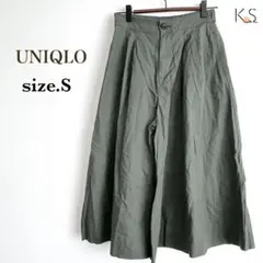 Y3-009 ユニクロ ガウチョパンツ S カーキ クロップド丈 リネン混 無地