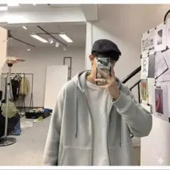 新品・即日発送】XL グレー ジップアップパーカー オーバーサイズ 韓国