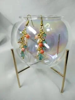 ピアス　イヤリング　『彩り真珠　桃色珊瑚&アパタイト』