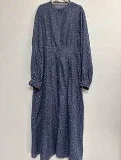 coen コーエン バンドカラー ドット ロングワンピース L ネイビー