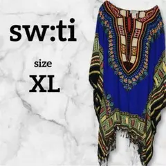 sw:tiガラベーヤ エスニック ポンチョL-XL フリンジ 個性的 派手 総柄