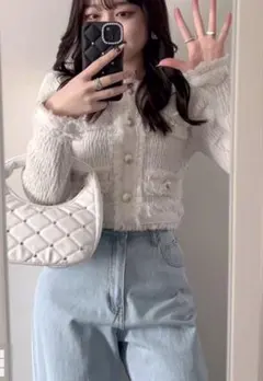 GRL ホワイト フリンジニットカーディガン