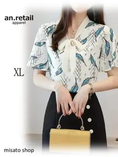 ★レディース 半袖 ブラウス 夏の花柄 シフォンブラウス ブルーフェザー XL