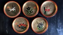 アンティーク品　漆器 金彩菓子器皿　5枚セット 菊・桔梗・カキツバタ・梅・蘭