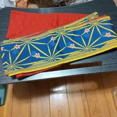 T*a様 レア物高級博多織おしゃれ両面青赤花柄の帯正絹新品未使用