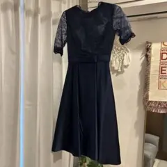ネイビー Aラインドレス レース袖 リボン付き