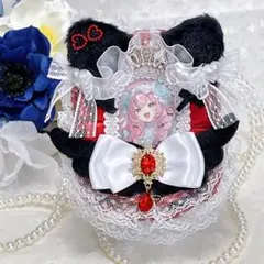 【961】リボン レース デコ カード 硬質ケース 痛ロゼット 猫耳 黒×赤×白