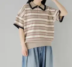 loin nuit ロワンニュイ レースフリルポロトップス ネイビー - メルカリ