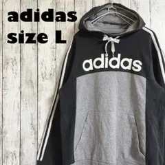 アディダス プルオーバーパーカー フーディL 黒 グレー バイカラー US古着