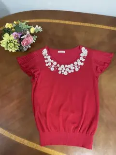 L'est Rose 荷葉袖 紅色針織衫