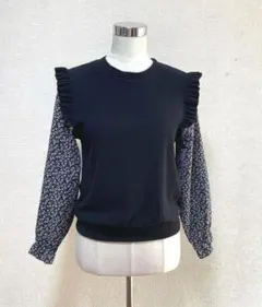 しっかり目　ジュノア　小花柄ドッキング黒リブカットソー　コーデュロイ　長袖