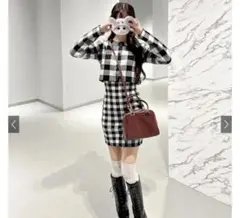 チェック柄カーディガン×キャミソールミニワンピースニットセットアップ　lt168