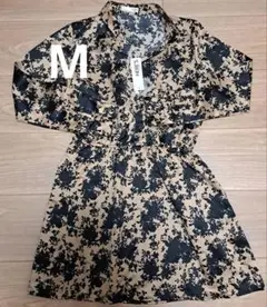 ワンピース 襟付き　チュニック　ワンピース　ベージュ×ブラック　Mサイズ