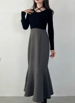 JUNOAH リブニットリボンチョーカーマーメイドワンピース 　長袖　黒