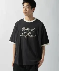 niko and... ニコアンド コード刺繍リンガーTシャツ チャコール L