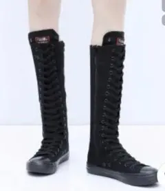 【美品】レースアップロングシューズ ブラック　23.5cm　23.5