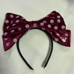 ディズニー　カチューシャ　ミニー　リボン　ヘアピン　赤　ベロア　水玉