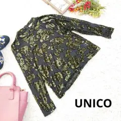 ♥UNICO♥インナー/重ね着（M相当）黒/草色/ベロア/総柄/ハイネック