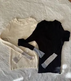 zampa リブ編み長袖ニットブラック、ホワイト2点セット