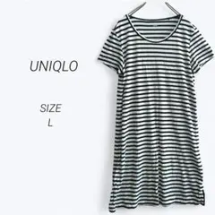 a4270▶ユニクロ　半袖カットソーワンピース【L】膝丈　ボーダー　薄手　透け感
