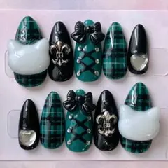 ネイルチップ　現品　在庫処分　地雷　平成　緑　黒　サブカル　ロング　猫　リボン