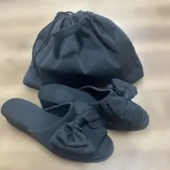 美品 リボン付き黒スリッパ 収納袋付き　入園　入学式 レディース フォーマル