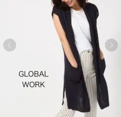 GLOBAL WORK レーヨンリネンロングジレ 　ロングカーディガン　ネイビー