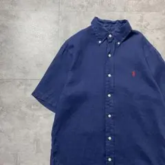 【100%リネン】00sラルフローレン　刺繍ロゴ　胸ポケット　ボタンダウンシャツ 100%リネン】00sラルフローレン 刺繍ロゴ 胸ポケット ボタンダウン